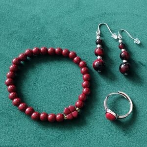 Elegant Red Beaded Jewelry Set Cinnabar Beads Stretch Bracelet Ring Earrings